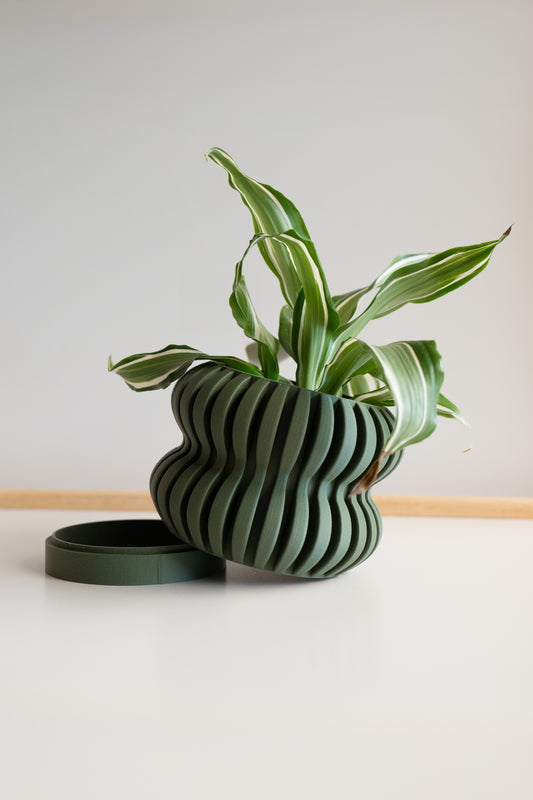 Vase "Jungle" Vert en Bois Recyclé avec Récupérateur - Imprimé en 3D pour Petites Plantes